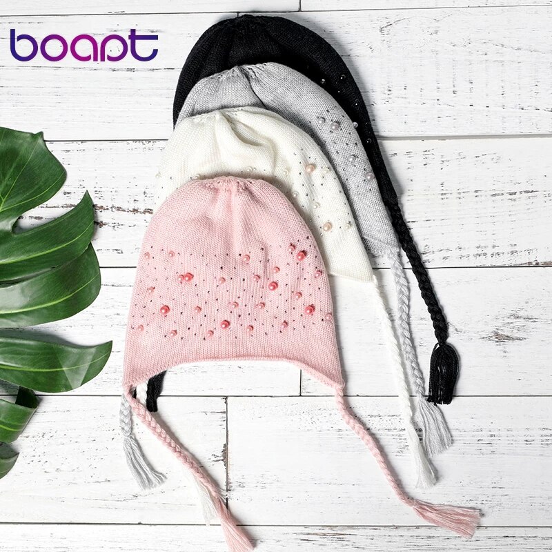 Kinderwintermuts met strass parel muts winter warme wollen uitverkoop gebreide muts kleine vlecht kind schattig meisje baby muts