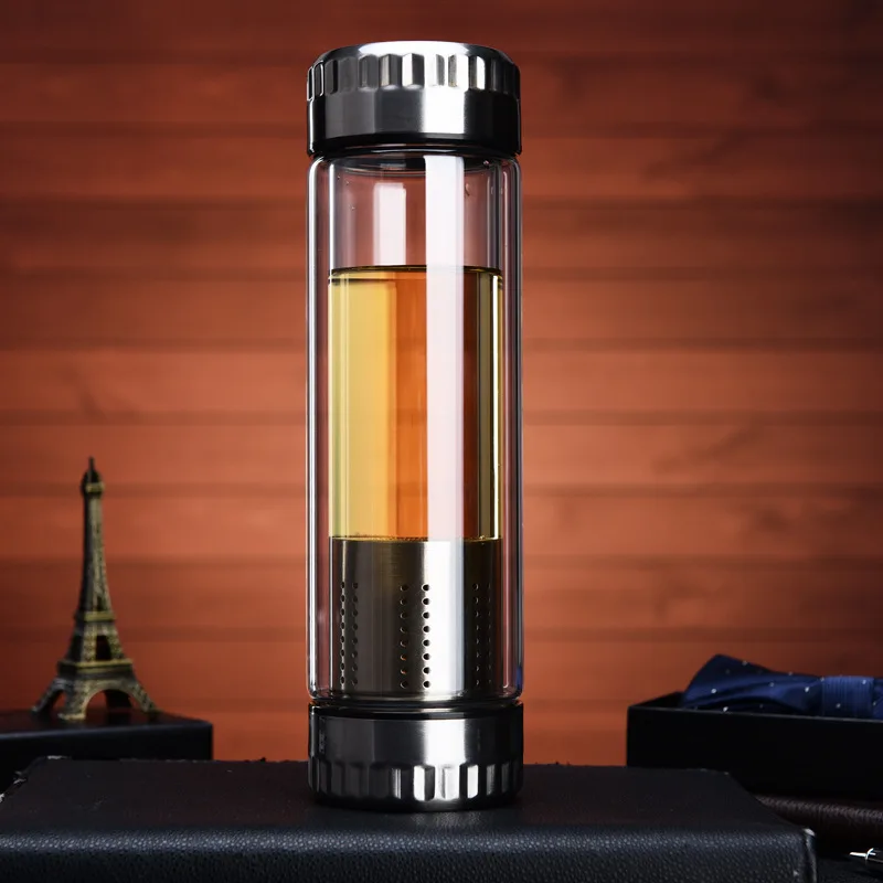 Botella de agua de vidrio de 280/350/500ML, filtro Infusor de té de acero inoxidable, tapa de doble pared, fondo grueso, taza para beber en casa y oficina,