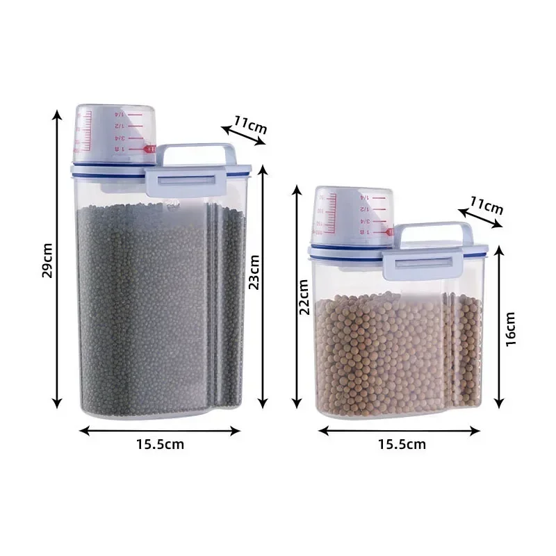 Suministros de cocina, Cubo de almacenamiento de alimentos, tanque de almacenamiento portátil a prueba de humedad de 1,5/2kg con taza a escala, cubo para alimentos, contenedor de plástico