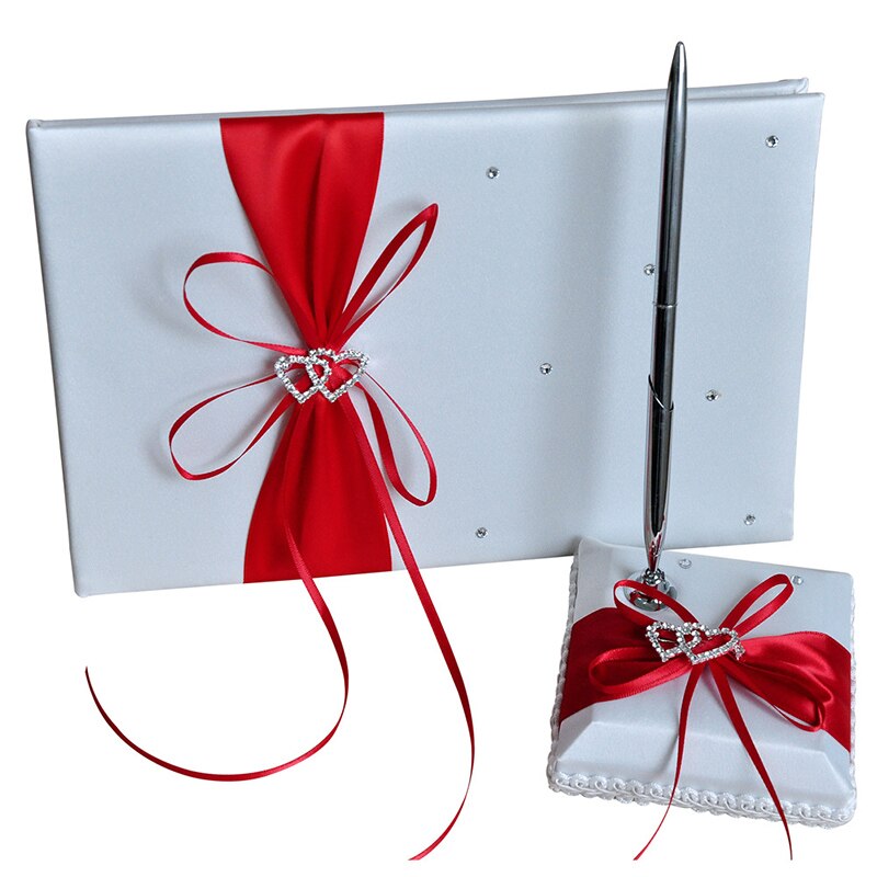 2 st/set bröllop satin signatur bok penna set strass pilbåge pärla dekor bröllopsfest produkter leverans: Röd