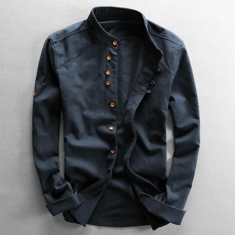 Camisa de algodón y lino de estilo japonés para hombre, Tops clásicos transpirables informales ajustados de manga larga con cuello levantado Harajuku de Color sólido para hombre: 5 XL / Azul marino