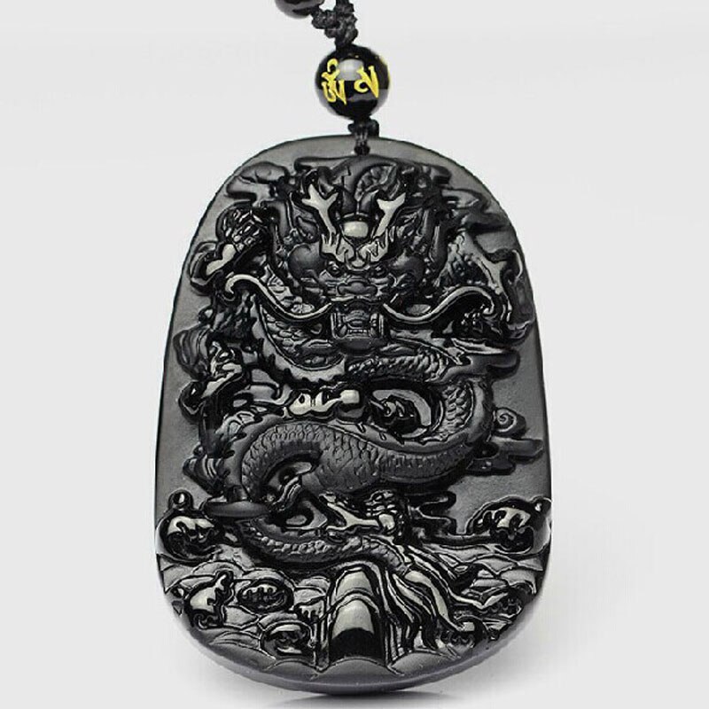 Yu Xin Yuan Mooie Chinese Handwerk Natuurlijke Jade Zwart Obsidiaan Gesneden Dragon Amulet Lucky Hanger Ketting Mode-sieraden