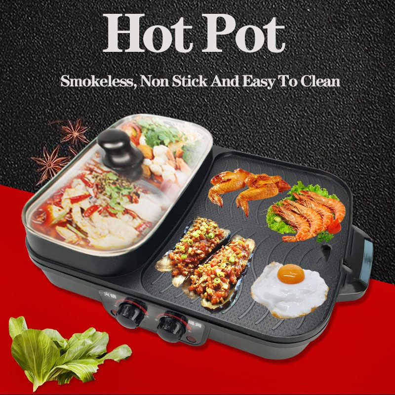 Olla eléctrica multifunción de doble Control para asar una maceta para el hogar olla eléctrica para barbacoa antiadherente