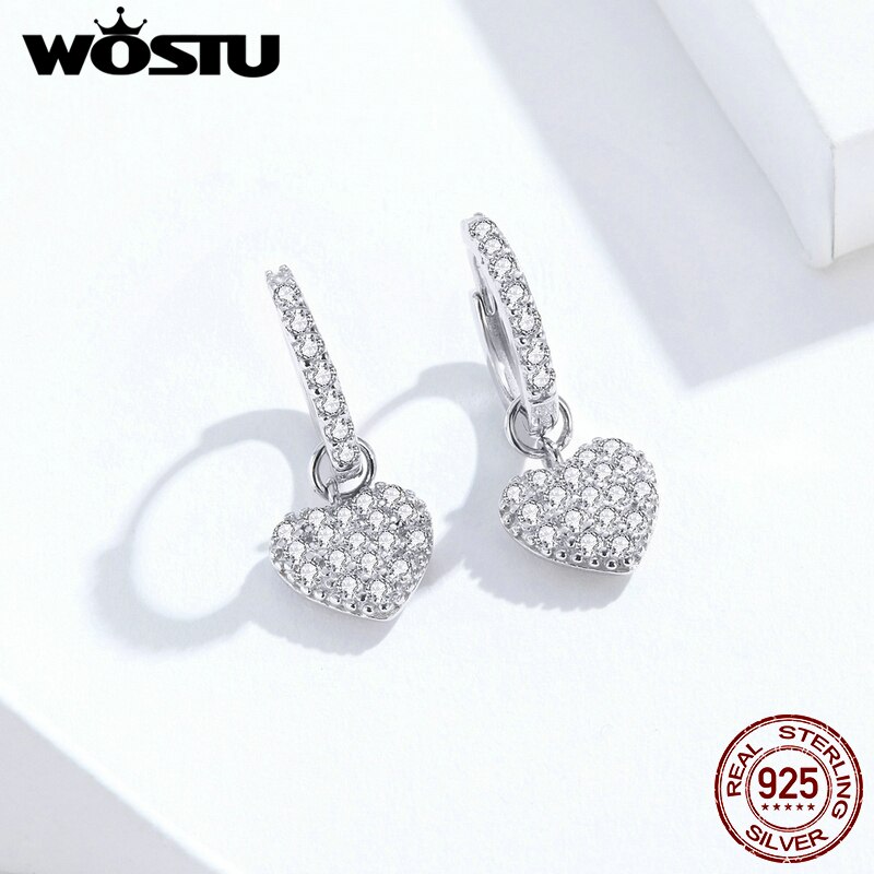 WOSTU Echtem 925 Sterling Silber Einzigartige Herz Tropfen Ohrringe Für Frauen brillant Zirkonia Baumelt Ohrringe Liebhaber Schmuck CQE821