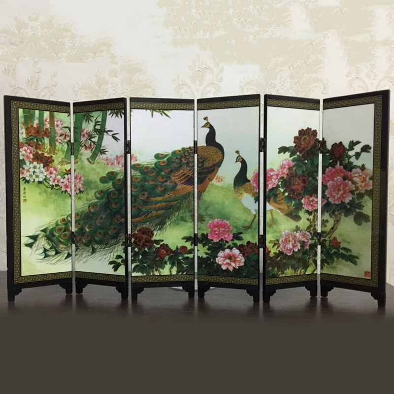 6-Panel Mini Peacock Screen Room Divider Wood Folding Partition Screen 48*24*0.6cm Home Wedding Screen Decoration