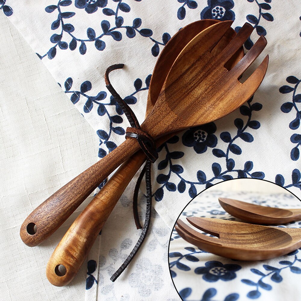 Houten Lepel Salade Vork Grote Opscheplepel Set Houten Keukengerei Lange Handvat Soeplepel Pollepel Salade Server Servies