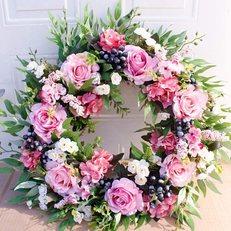 55cm Rose Wreath, Large Rustic Farmhouse Decorative Artificial Flower Wreath, Faux Floral Wreath for Front Door Window Wedding O