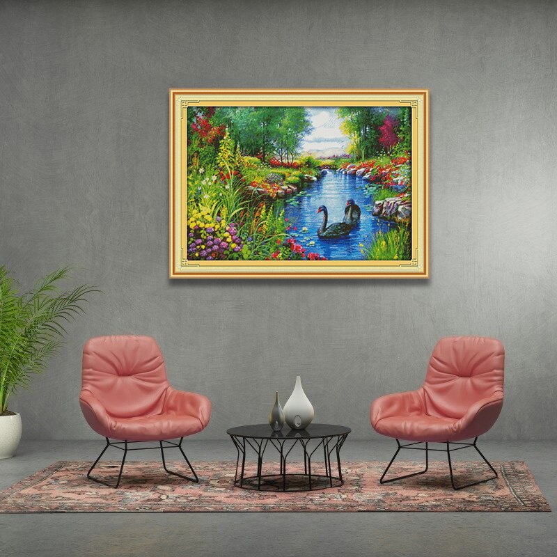 Kits de points de croix DMC | Toile imprimée comptée à motifs de paysage tranquille, bricolage broderie au point de croix