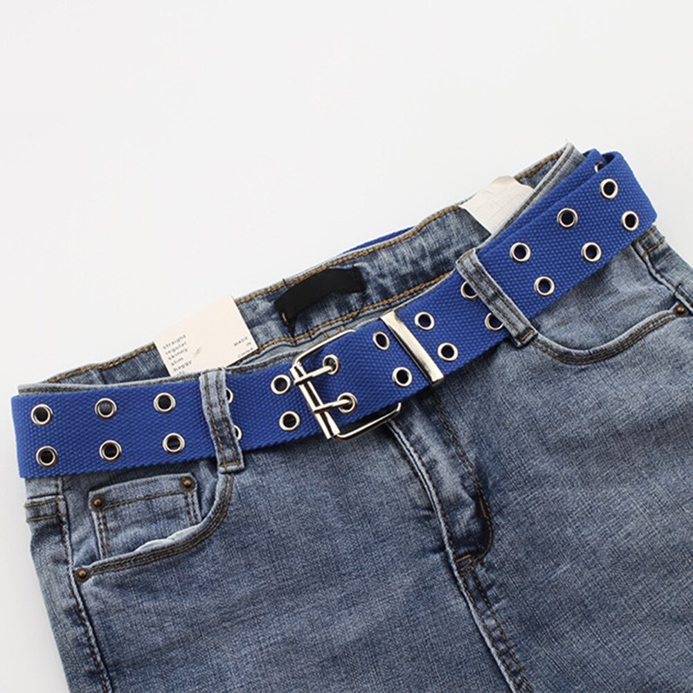 Cinturones de lona ancha para hombre y mujer, cinturón informal de doble Agujero hueco con hebilla, correa ajustable de Color sólido, pantalones vaqueros para estudiantes