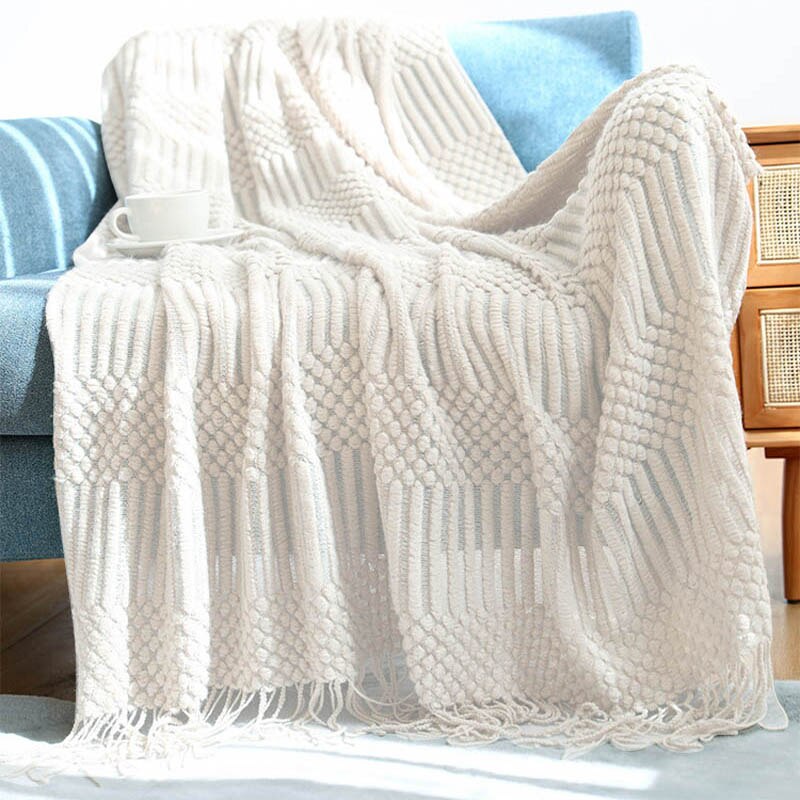 Mantas para sofá de estilo nórdico, mantas de punto para cama a cuadros en el sofá, mantas de avión de viaje informales, chal de borla para decoración del hogar: beige / 130x220cm