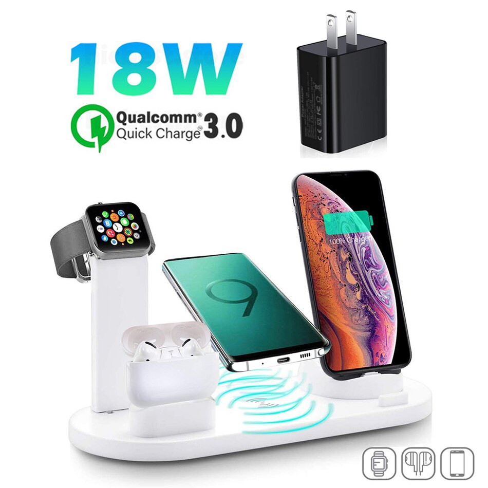 KEPHE 4 in 1 Wireless Charger Induction Charger Stand For iPhone 11 Pro X XS Max XR 12 Airpods Pro Apple Watch Docking Station: White With US  Plug