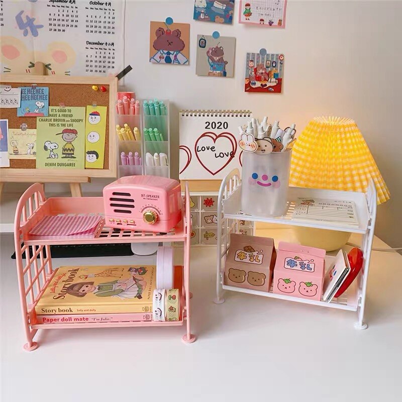 Support de rangement en plastique pour livres, coréen Ins, 2 couches, pour articles de papeterie cosmétique, de bureau, pliable, à monter soi-même