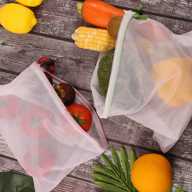 1pc grøntsagsposer populær frugt og grønt af bomuld med snøre genanvendelig hjemmekøkken opbevaring mesh poser kan maskinvaskes