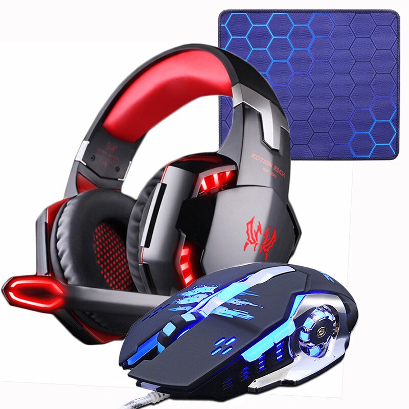 Gaming Headset Hoofdtelefoon + Wired Gaming Mouse Muizen 4000 dpi Bass stereo Gamer Oortelefoon + Gaming muismat Combinatie Voor laptop PC: G2000 Red Pad Mouse