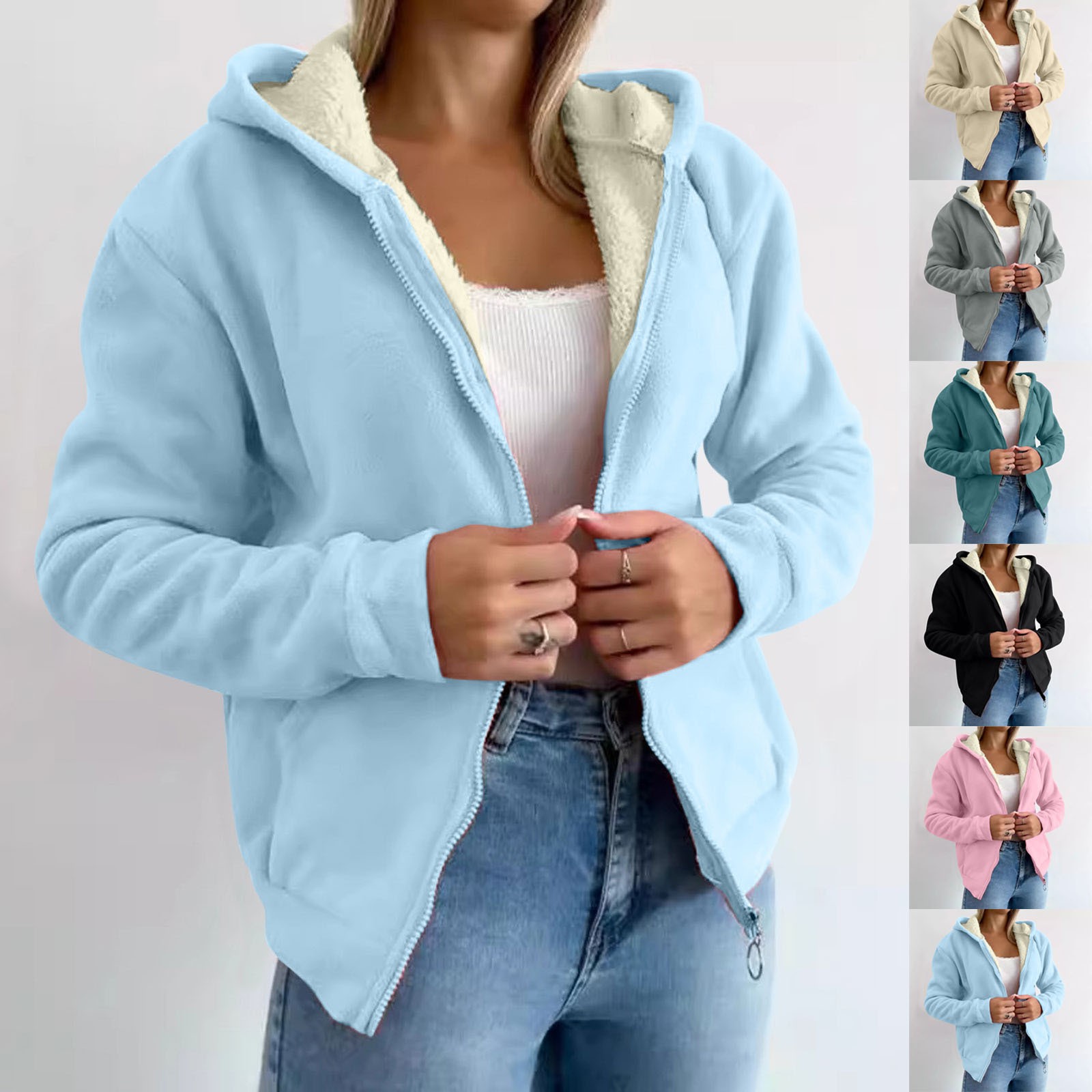 Trendy Sweatshirt Coat Front Pockets Warm Zipper Lamb Wool Jacket Men And Woman Winter Solid Color Plush Lined Cardigan Hoodie