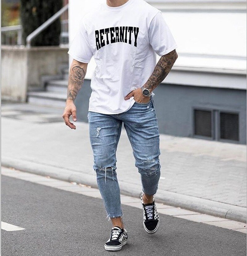 Pantalones vaqueros apretados hasta el tobillo para hombre, Vaqueros rasgados con cremallera, ropa de calle de pitillo con fondo cortado, color azul claro