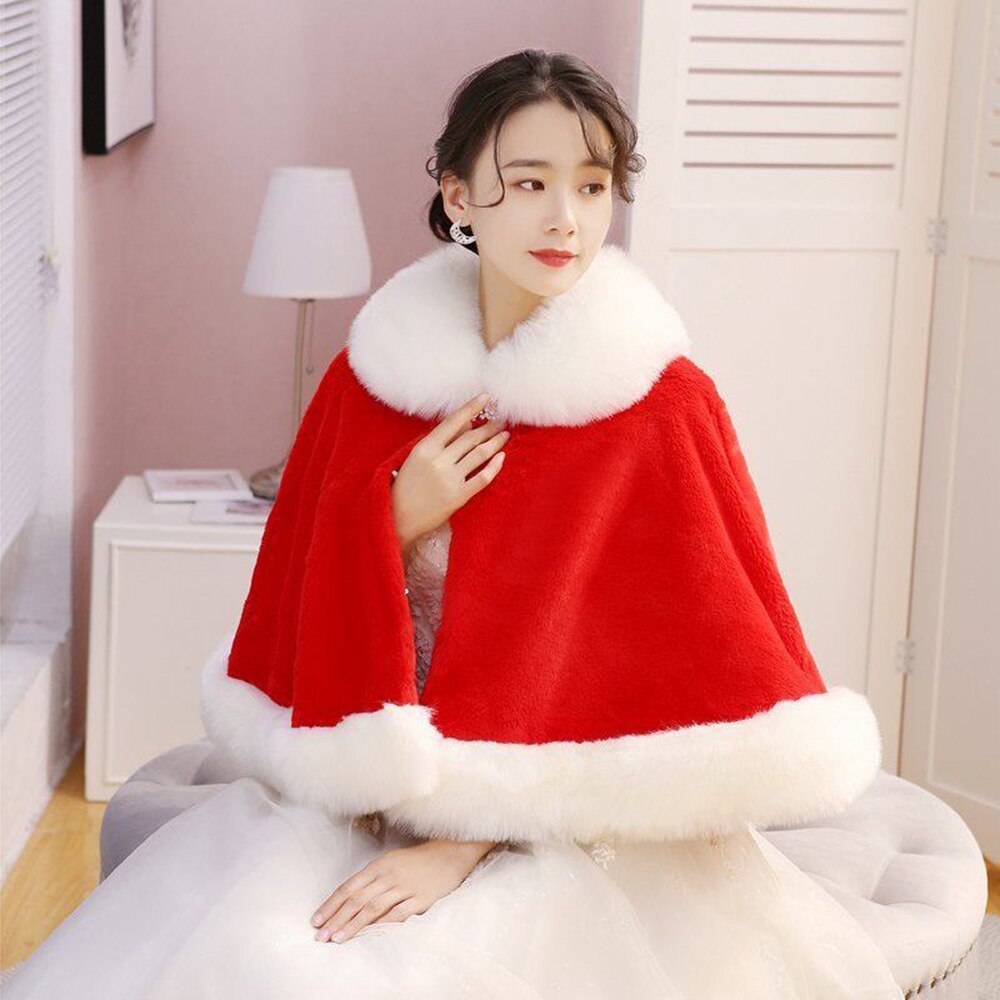 Vrouwen Hood Capes Mantel Winter Dikke Capuchon Bont Sjaal Wit Rood Zwarte Trouwjurk Bruid Bont Cape Poncho Dikker plus Size