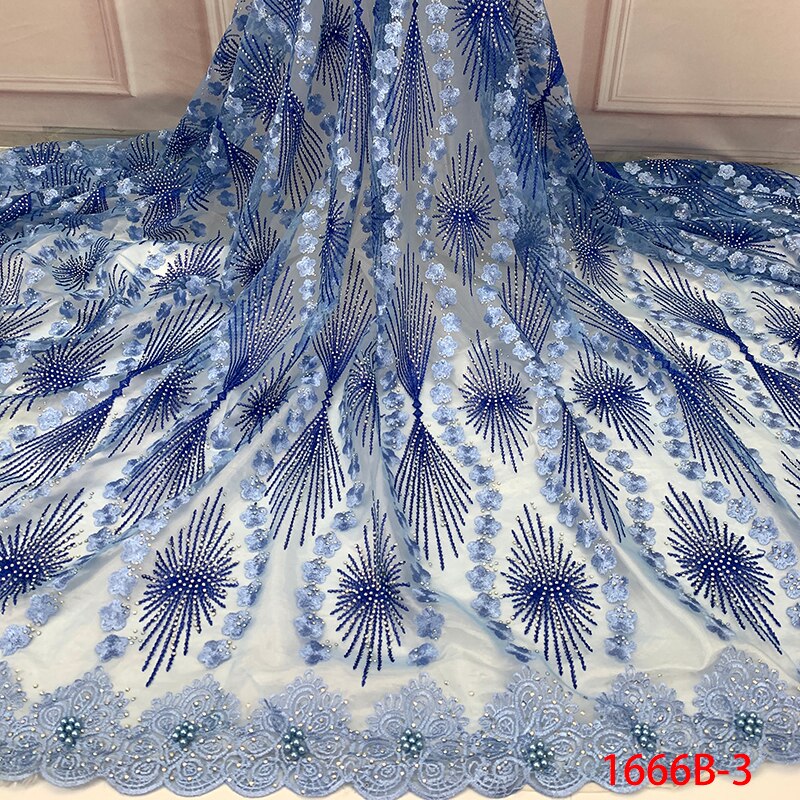 Tela de encaje de tul africano de bordado de flores tela de encaje francés con abalorios para KS1666B-3 de mujer