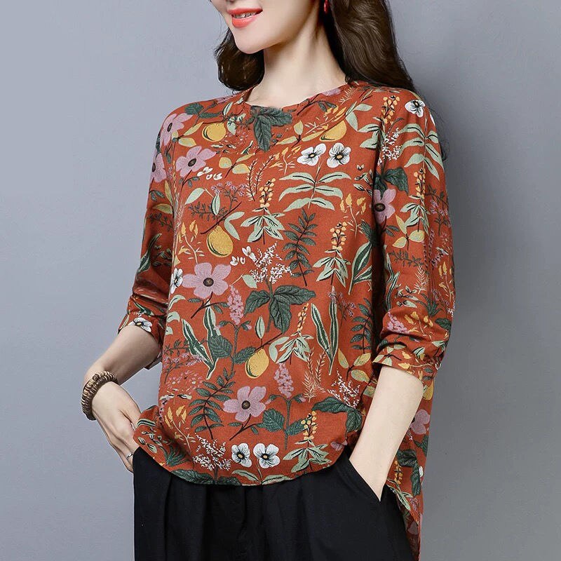 Katoen Linnen Shirt Plus Size Vrouwen Kleding Lange Mouw Top Bloemen Vintage Blouse Dames Casual Vrouwelijke