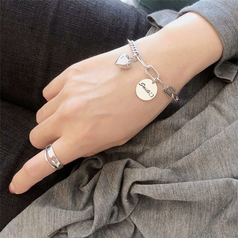 Sole Memory Round Tag Smooth Shiny Heart Pendant 925 Sterling Silver Female Resizable Bracelets SBR268