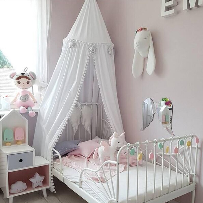 Baby Bed Tent Zuigeling Klamboe Babybedje Cibg Slaapkamer Stuff Peuter Kinderen Crib Bed Pom Pom Opknoping Luifel Spelen tent