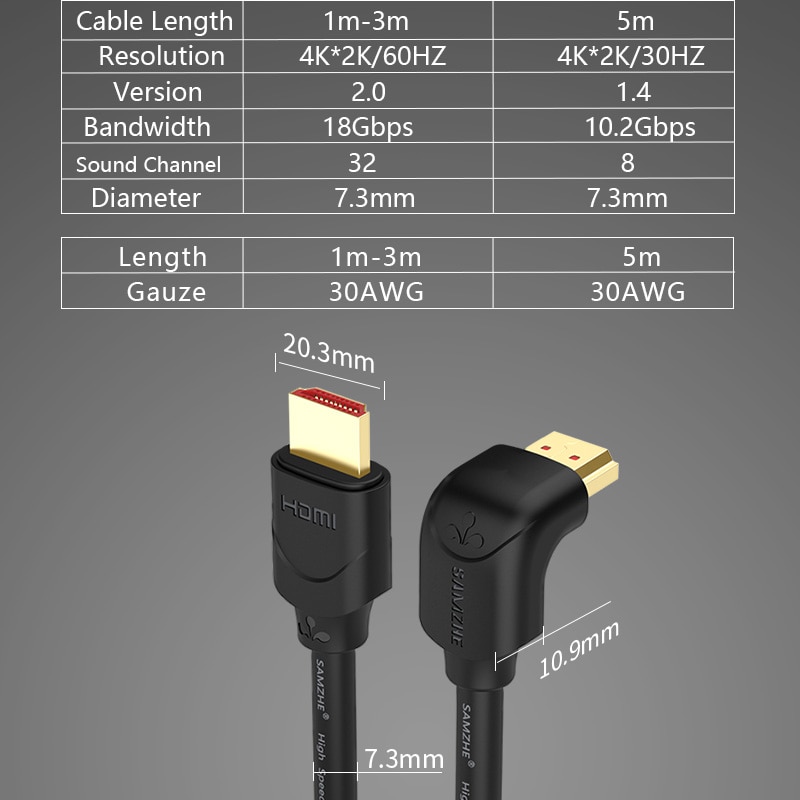 SAMZHE 4K HDMI 2,0 Kabel 90/270 Grad Winkel HDMI zu HDMI Kabel 2K * 4K 1M 1,5 M 2M 3M 5M 1080P 3D für TV PC Projektor PS3 PS4