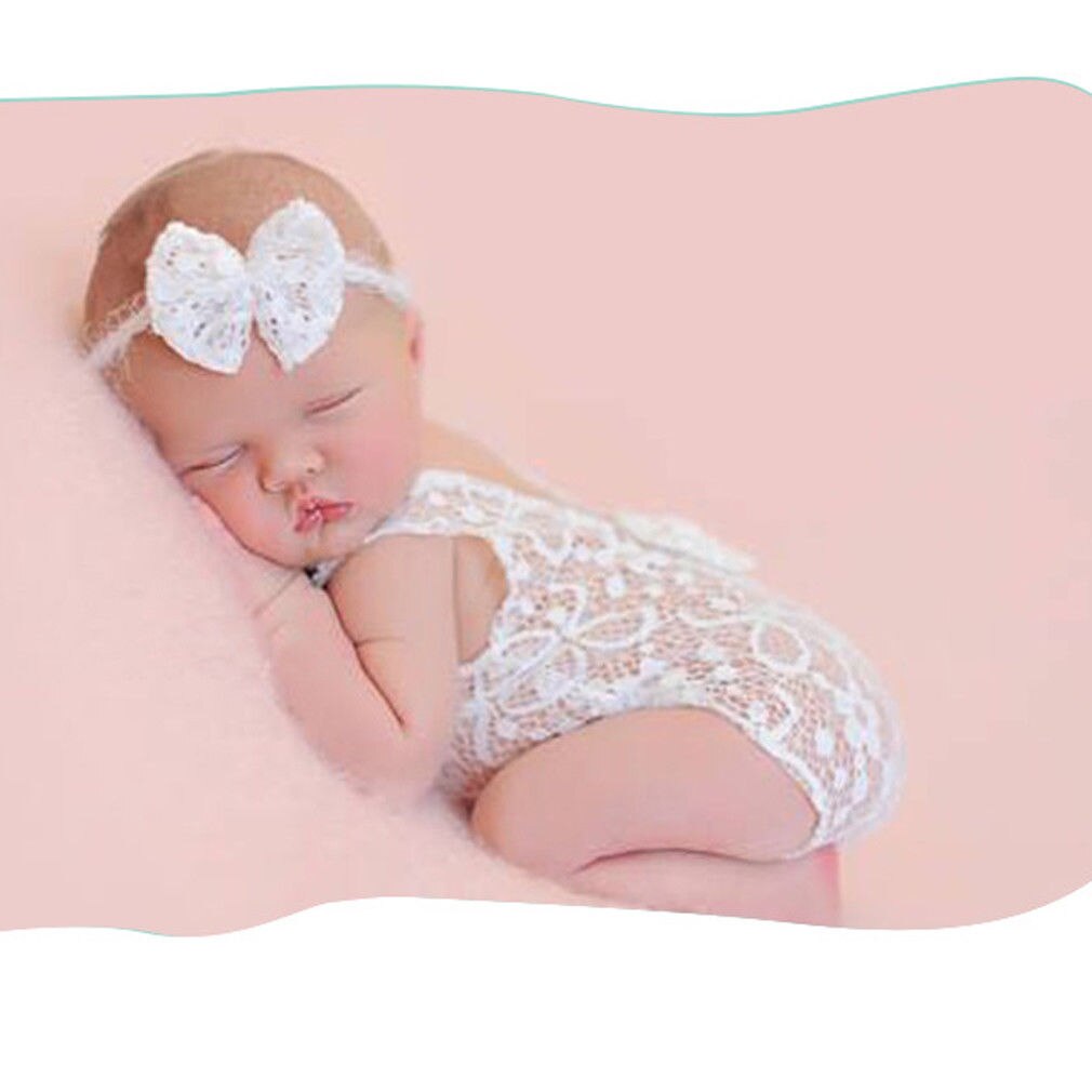 Nyfødt baby pige hæklet strik kostume fotofotografering prop hat tøj baby blonder tøj hovedbånd foto rekvisitter 0 to 2m: Hvid