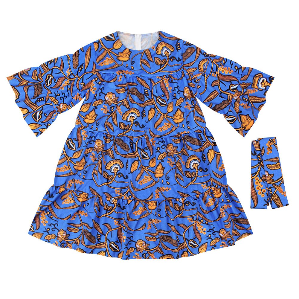 Afrikaanse Jurken Voor Vrouwen Dashiki Mode Kleding Afdrukken Rijke Bazin Swing Ruche Mouw Losse Dames Kleding: Blue / L