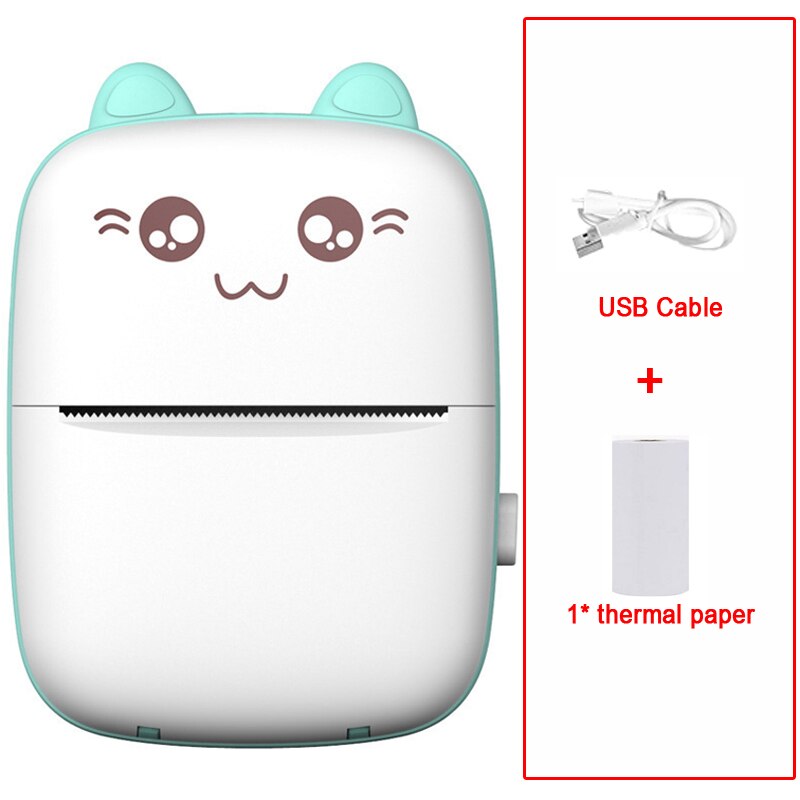 Portable MINI CAT Printer Thermal Print Photo Pocket Thermal Label Printer 58mm Printing Wireless Bluetooth Android IOS Printers: Green