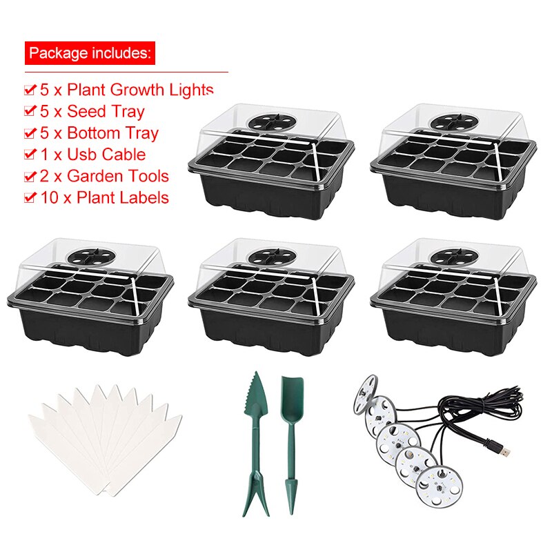 5Pack Greenhouse Planter Box Kit 12 Holes Nursery Pot Plant Seedling Tray with Growth Light Garden Cultivation Seeding Plant Pot: Black