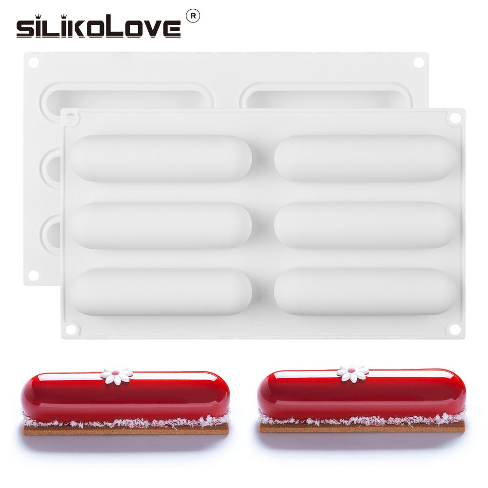 Silikolove 6- hulrum oval lang mousse silikoneform kageforme fransk wienerbrød dessert kage dekoration bagværk