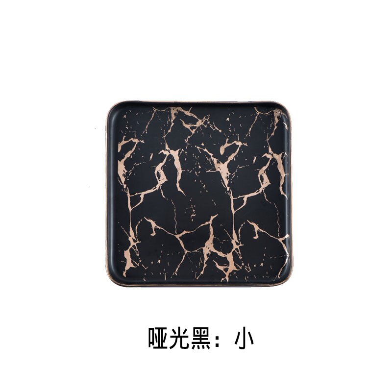 Square Tableware Marble Plates Ceramic Dinner Set Gold Inlay Porcelain Dessert Plate Steak Salad Snack Cake Plates: black--S