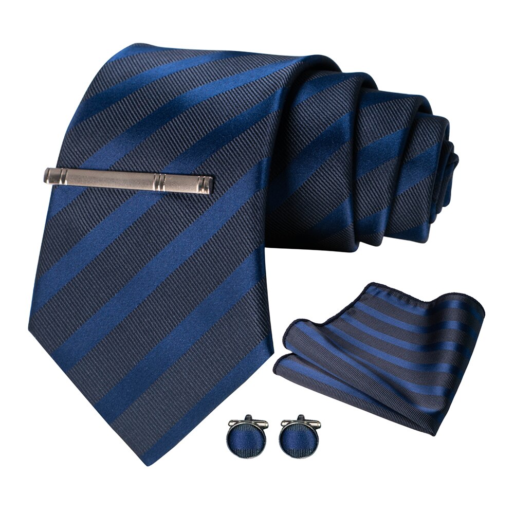 JEMYGINS – cravate en soie pour hommes, ensemble de boutons de manchette, à carreaux, rayures, bleu marine, 100%: 003