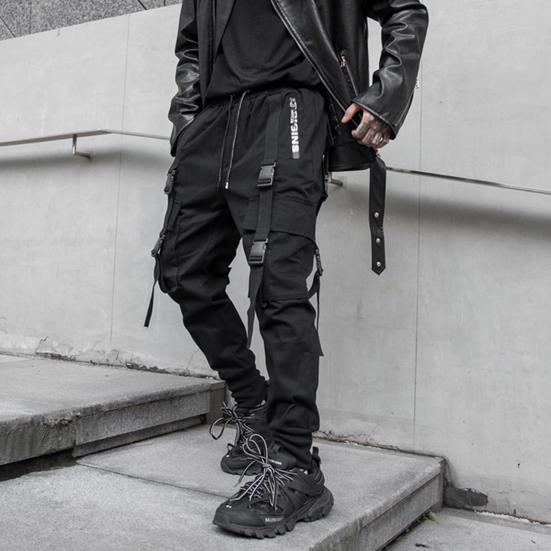 ¡Novedad! Pantalones de chándal Cargo para hombre con bolsillos y cremallera lateral, cintas de estilo Darkly, pantalones para correr, pantalones largos ajustados a la .
