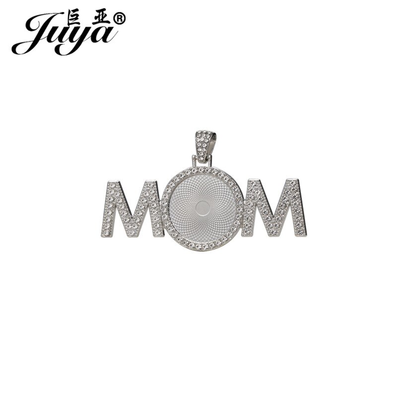 30PCS &quot;MOM&quot; Pendant Base Diamond Rhinestone Bezel 25mm Circle Blank Tray Charms For DIY Jewelry Making Accessories Women: Rhodium plated