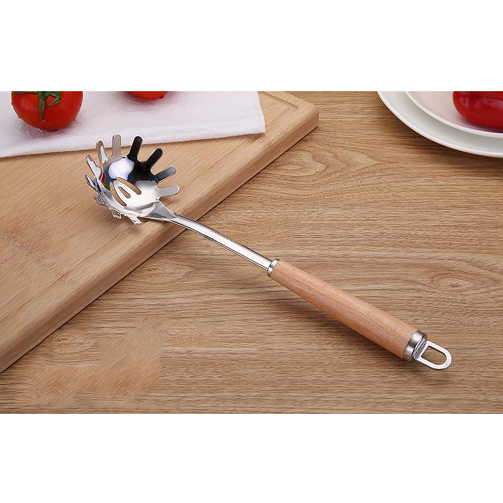 1Pcs Spatula with Wooden Handle Stainless Steel Kitchenware Set Household Spoon Kitchen Gadget Stainless Steel Frying Shovel: Noodle Spoon