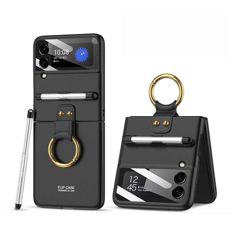 Custodia per Samsung Galaxy Z Flip 3 5G Cover per anello per dito con penna stilo custodia rigida per Slot per penna in plastica dura opaca: Black