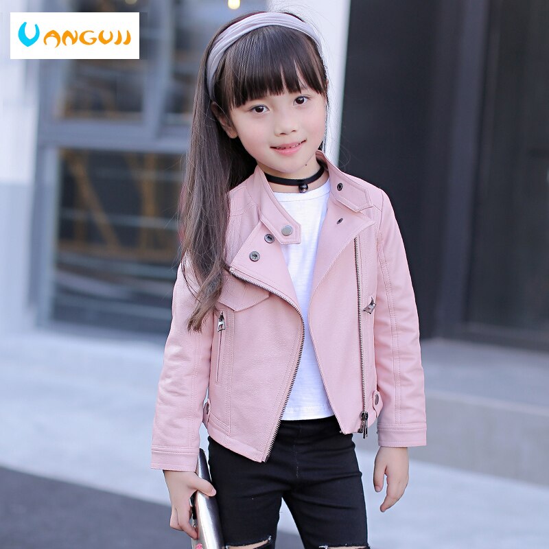 girls pu jacket rivet zipper cool jacket Leather clothing for girls 5-13 years oldClassic collar zipper leather motorcycle