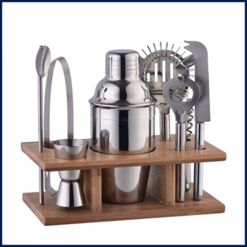 19PCS Stainless Steel Cocktail Shaker Blender Bartender Browser Kit Home Bar Bartender Setting Tool and Wine Wooden Rack Stand: 9 PCS Set 2