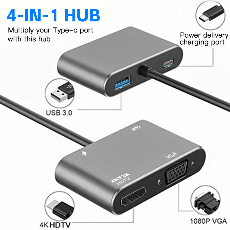 Adaptador 4 en 1 tipo C Hub a HDTV VGA USB 3,0 adaptador multipuerto AV Digital con puerto de carga PD TYPE-C Compatible