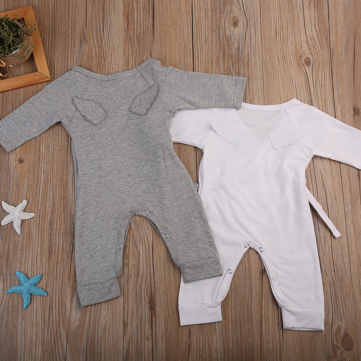 Newborn Infant Baby Girl Cotton Solid White Gray Romper Jumpsuit Long Sleeves Wings Clothes Cute Autumn Outfit SS