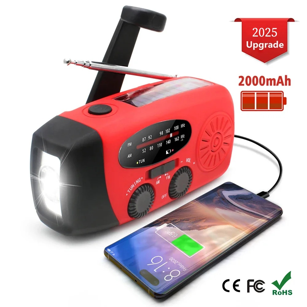 Solcelledrevet campinglampe med håndsving og am/fm-radio, udendørs 2000 mah usb-opladning, multifunktionel hånddynamo, led-lommelygte