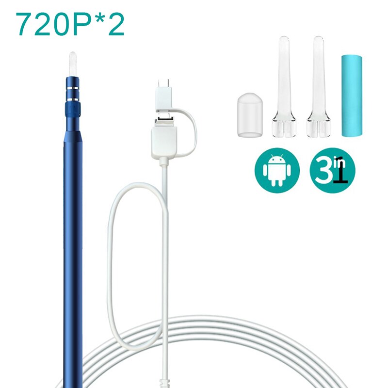 Ear Cleaning Endoscope 3 in 1 USB Visual Ear Cleaning Tool Mini Camera for Android 5.5mm Ear Health Care Tool Ear Pick Otoscope: two 720P blue