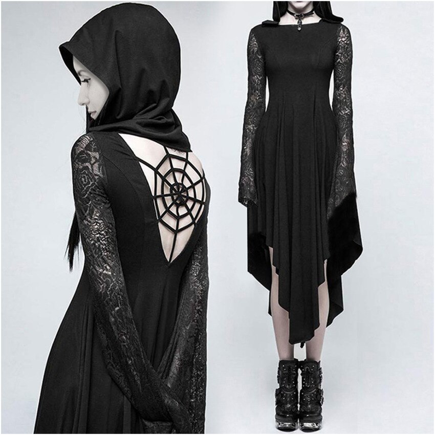 Dark Punk Gothic Lace Hooded Midi Dress High Low Hem Scary Cobweb Costumes Women Adult Horror Dark Black Robe For Girls