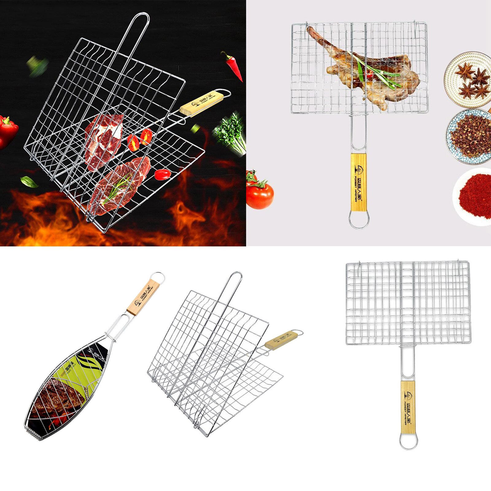 Stainless Steel Grill Basket Barbecue Grill Basket with Wooden Handle for Meat
