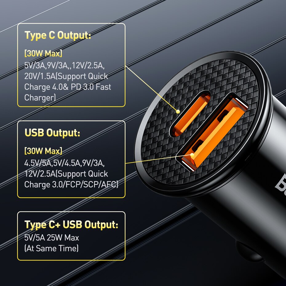 Baseus-cargador USB para coche, dispositivo de carga rápida de 30W, 4,0, 3,0, FCP, SCP, PD, para Xiaomi, iPhone 12, 13, 14 Pro: IL