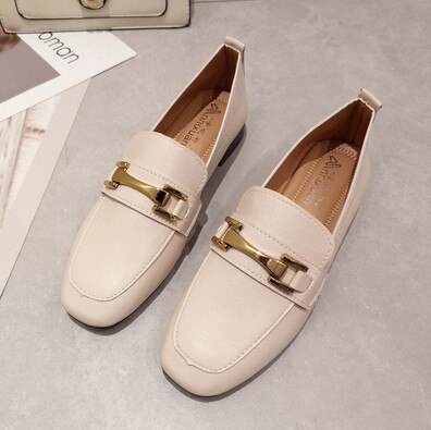 vrouwen platte schoenen herfst instappers dames platte schoenen pu leer zachte bodem vrouwelijke schoenen: Beige / 37