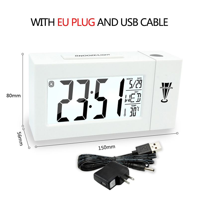 Väckarklocka med termometer kalender datum visning ändra snooze led bord klocka med eu us plug, projektion digital klocka: Vit med eu-kontakt