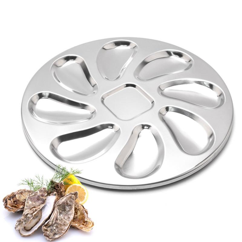 8 Slots Large Oyster Plate Stainless Platter Unmarked Platter French Oyster Mussel Shellfish Seafood Tray Home Restaurant Dish: Default Title
