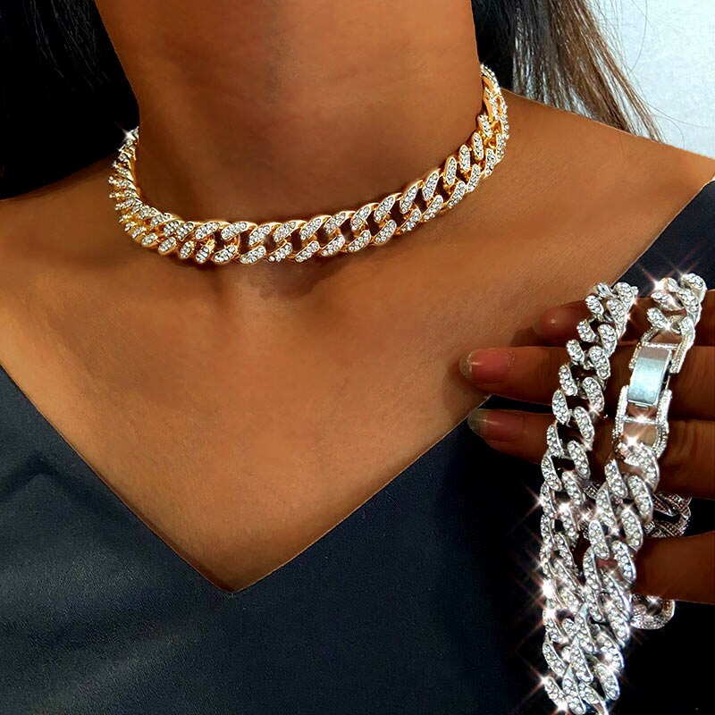 Collar Cadena Miami Cuban Link - Gargantilla 12mm - Strass Cristal Iced Out - Joyería Hip Hop Mujer
